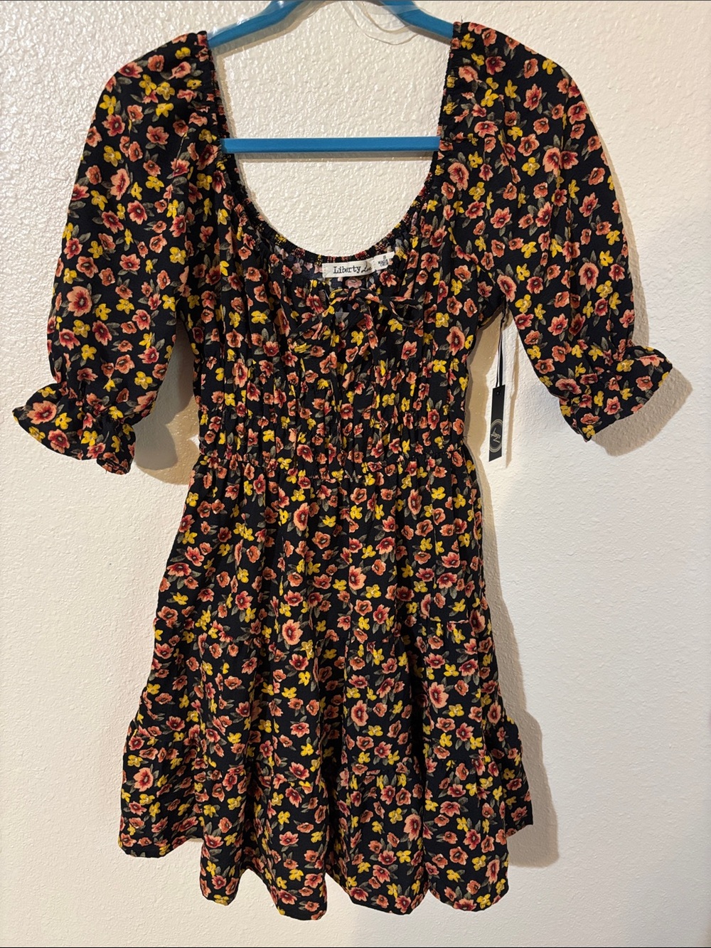 Liberty Love Black Floral Square Neck Smocked Mini Dress Size S